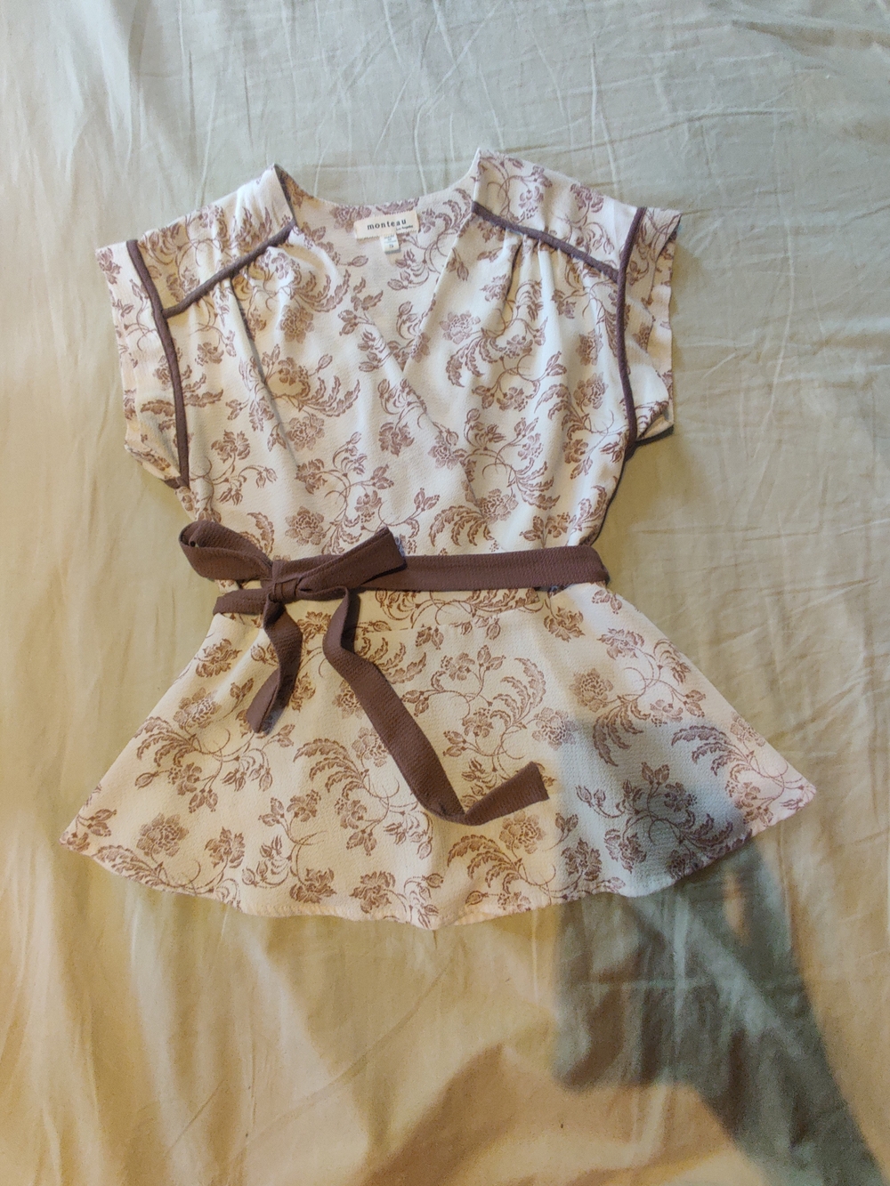 Floral Peplum Top with Brown Trim and Belt